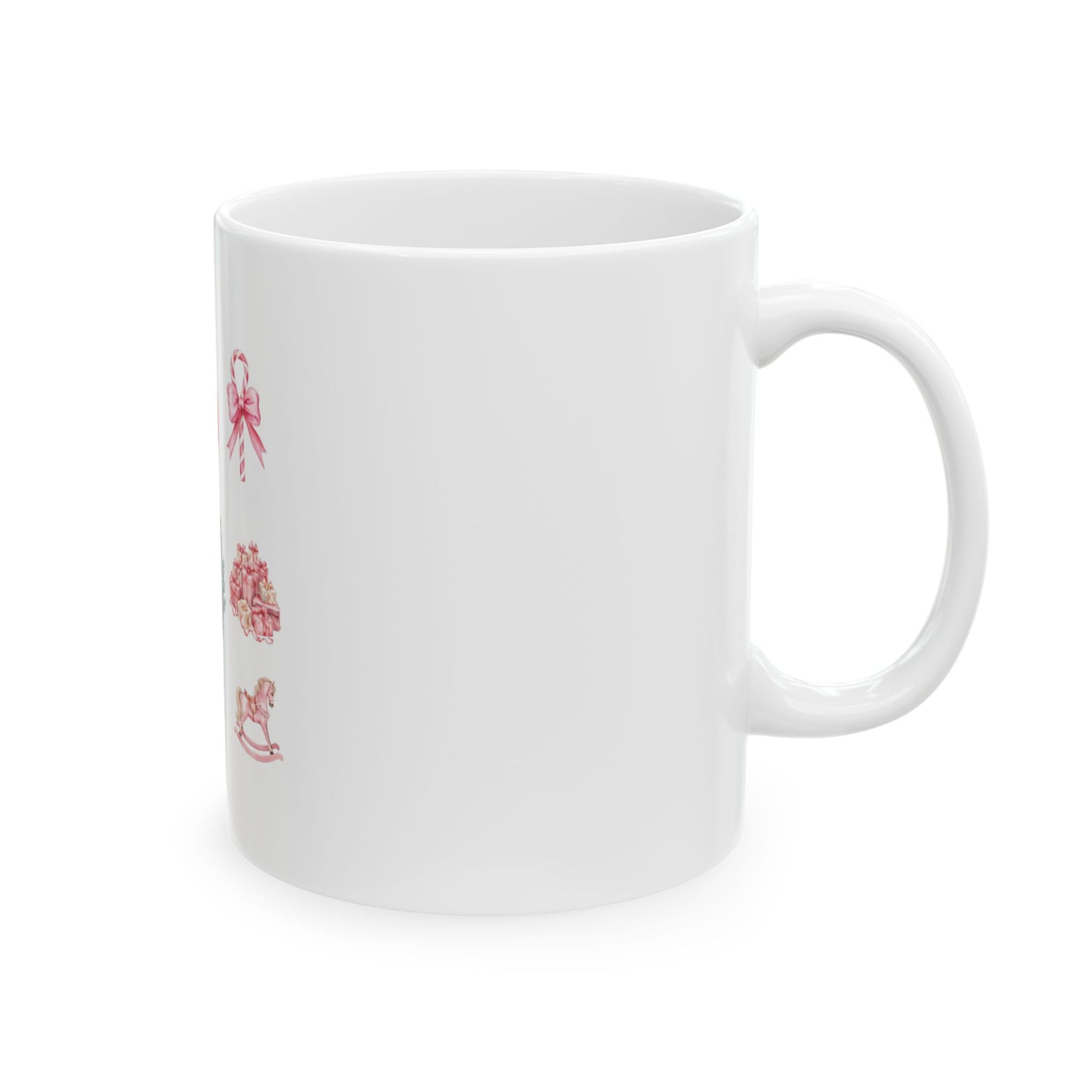 Pink Christmas Icons Ceramic Mug — Festive Holiday Ornament, Wreath & Tree Coffee Cup (11oz/15oz)