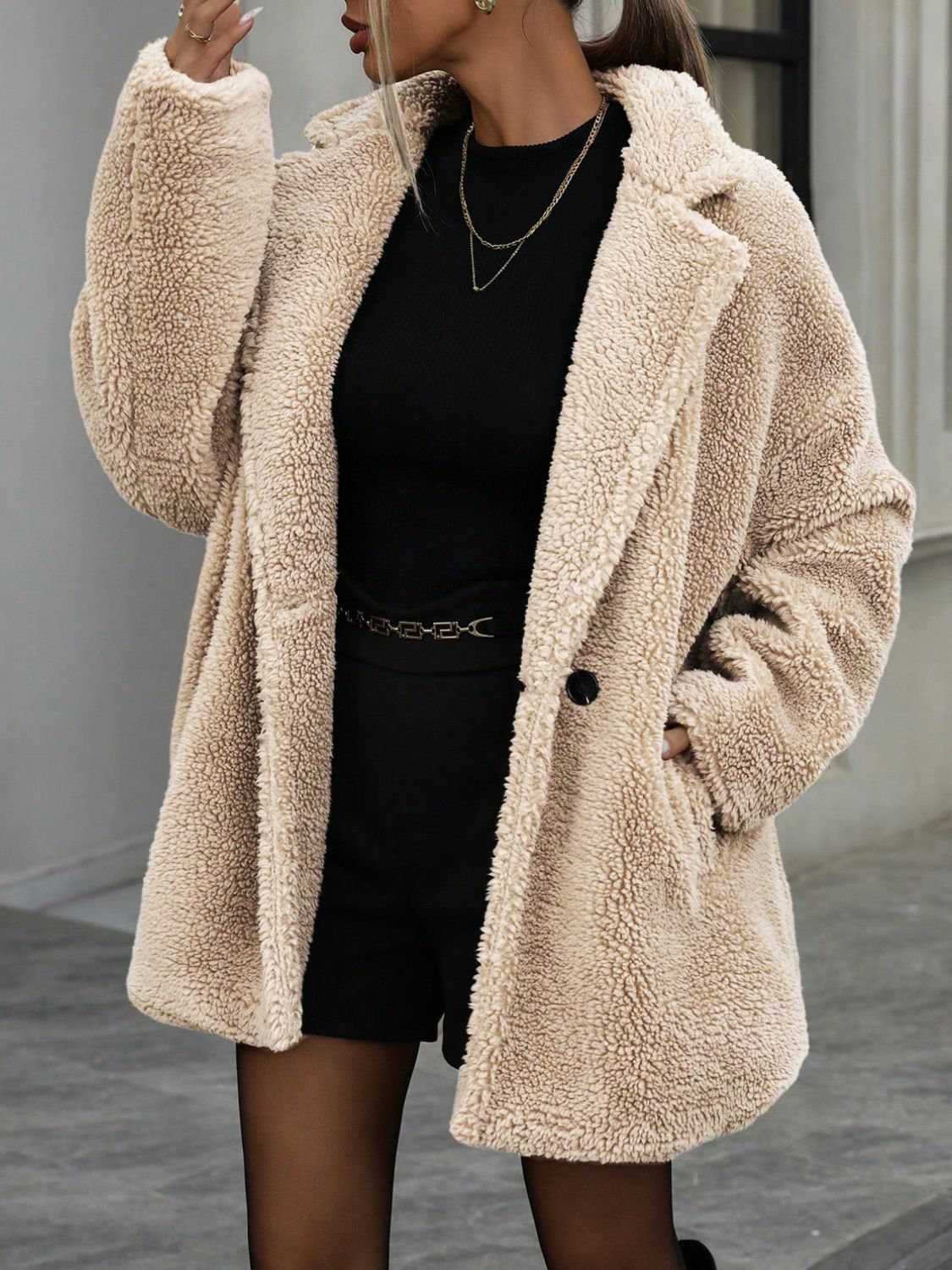 Pocketed Collared Sherpa Jacket