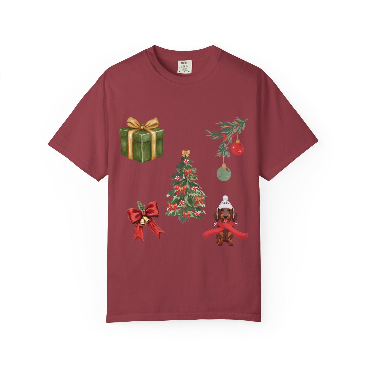 Christmas Icons T-Shirt — Holiday Tree, Gifts & Dachshund Dog Design