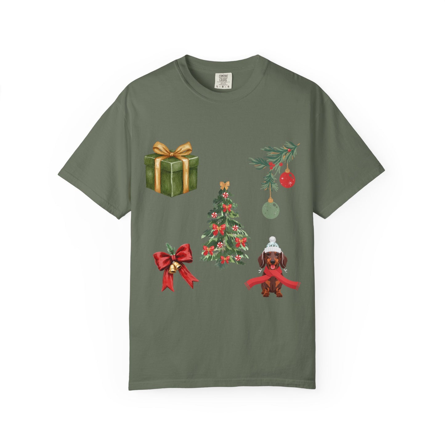 Christmas Icons T-Shirt — Holiday Tree, Gifts & Dachshund Dog Design