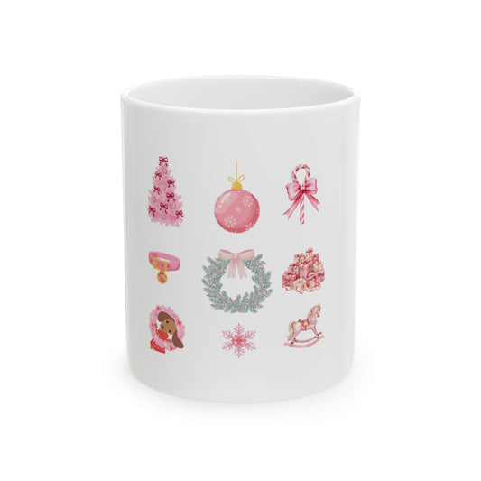 Pink Christmas Icons Ceramic Mug — Festive Holiday Ornament, Wreath & Tree Coffee Cup (11oz/15oz)