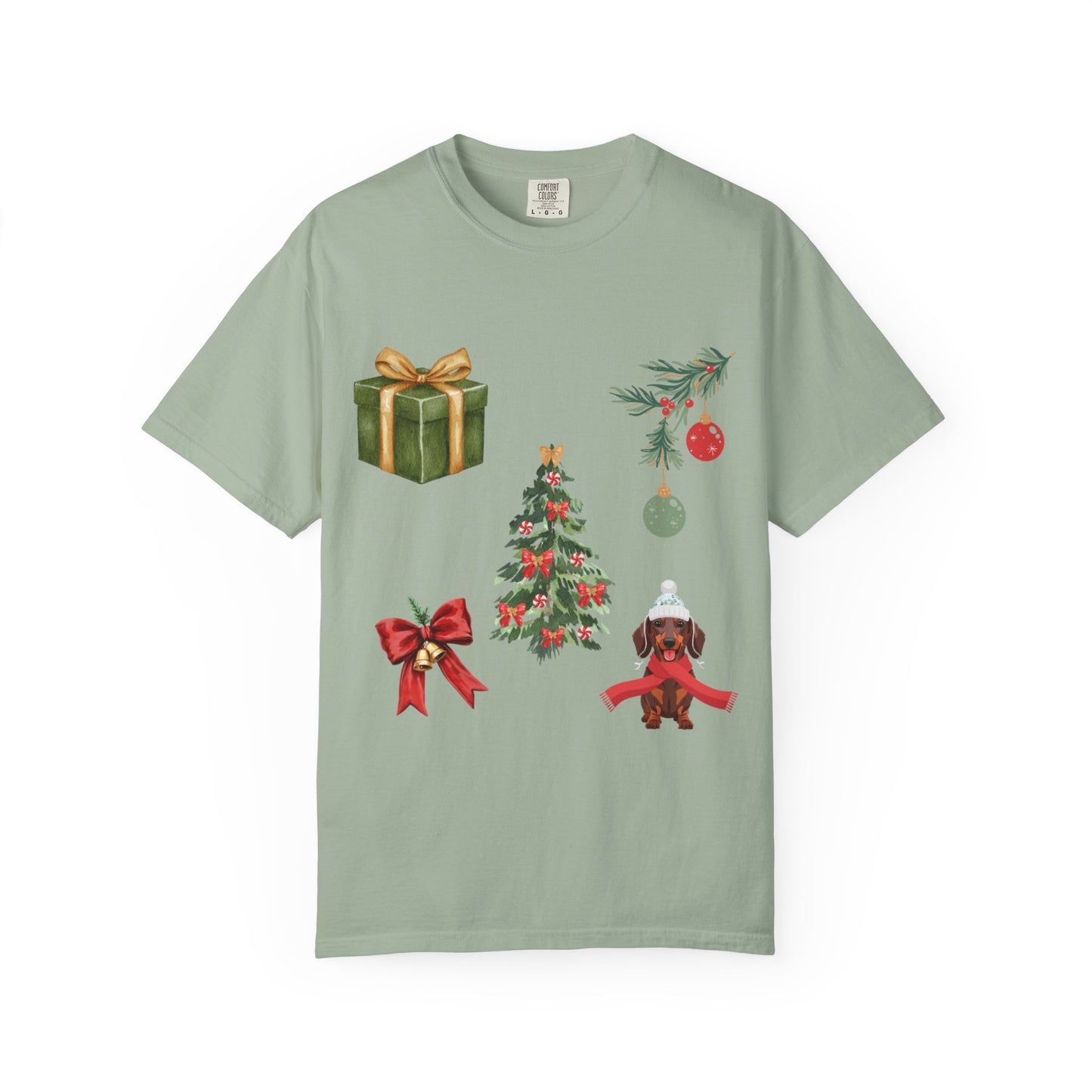 Christmas Icons T-Shirt — Holiday Tree, Gifts & Dachshund Dog Design