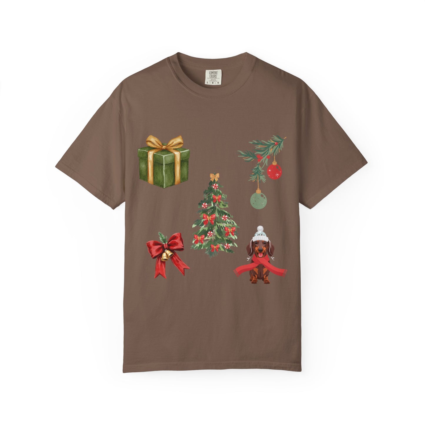 Christmas Icons T-Shirt — Holiday Tree, Gifts & Dachshund Dog Design