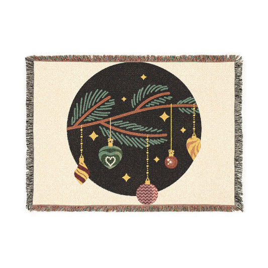 Holiday Ornament Woven Blanket — Vintage Pine Branch Christmas Throw