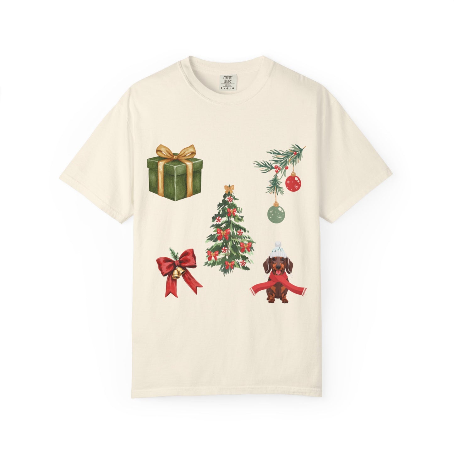 Christmas Icons T-Shirt — Holiday Tree, Gifts & Dachshund Dog Design