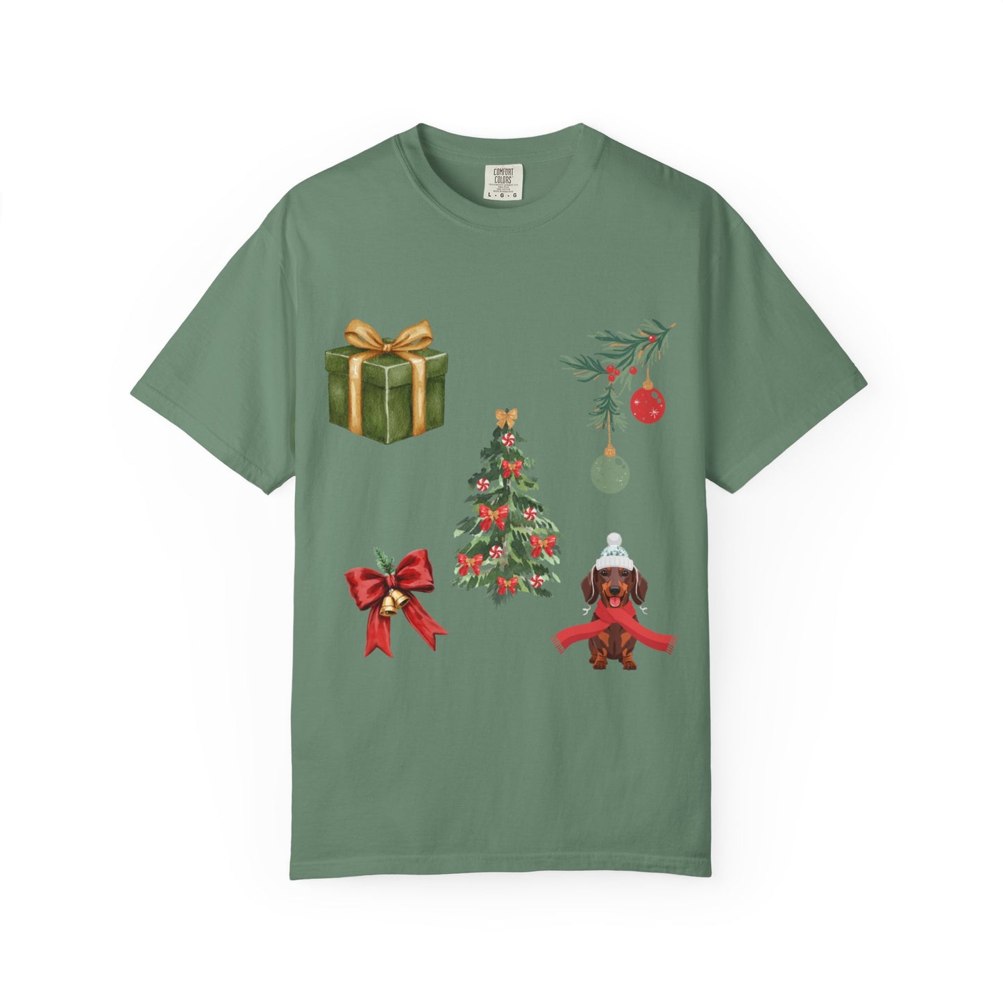 Christmas Icons T-Shirt — Holiday Tree, Gifts & Dachshund Dog Design