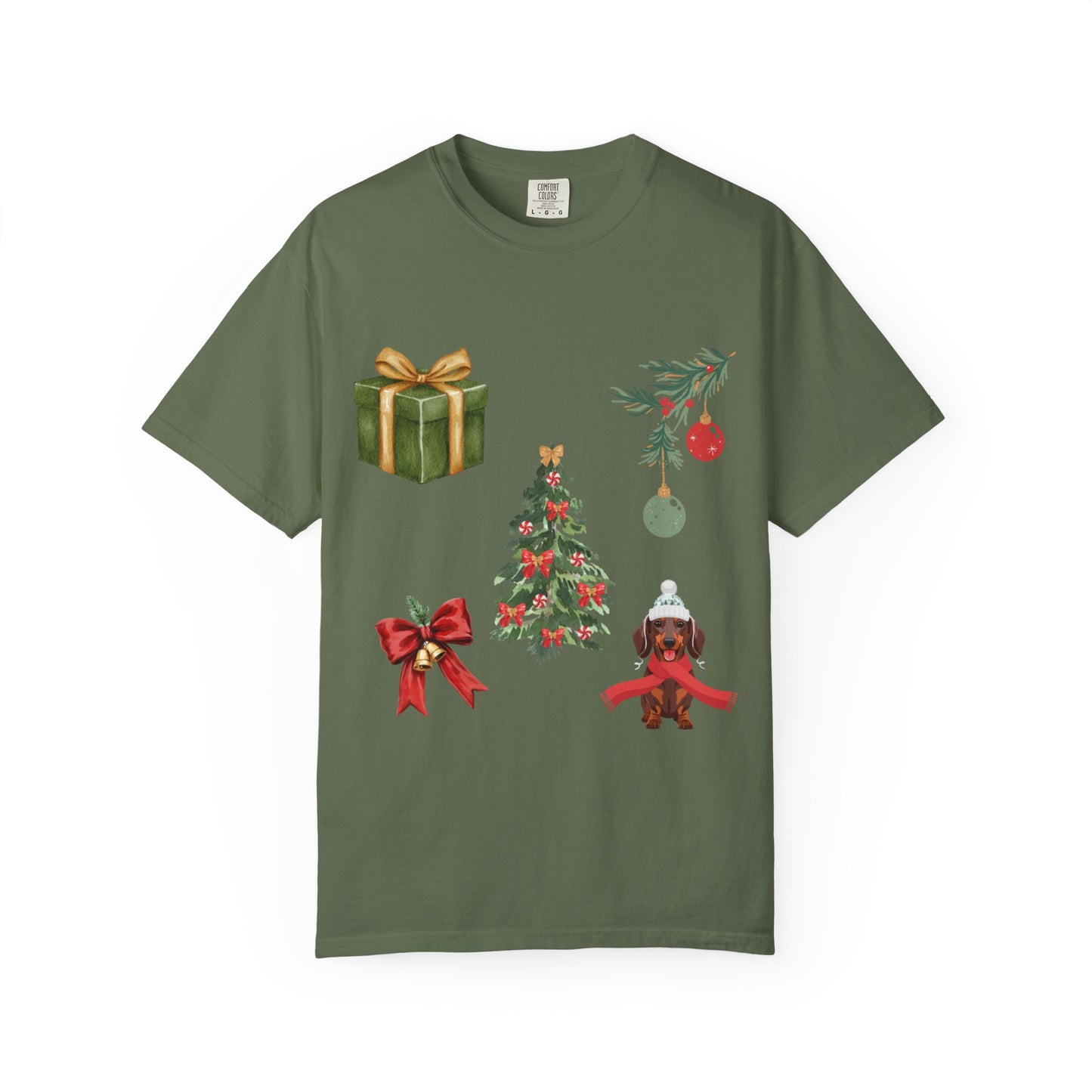 Christmas Icons T-Shirt — Holiday Tree, Gifts & Dachshund Dog Design