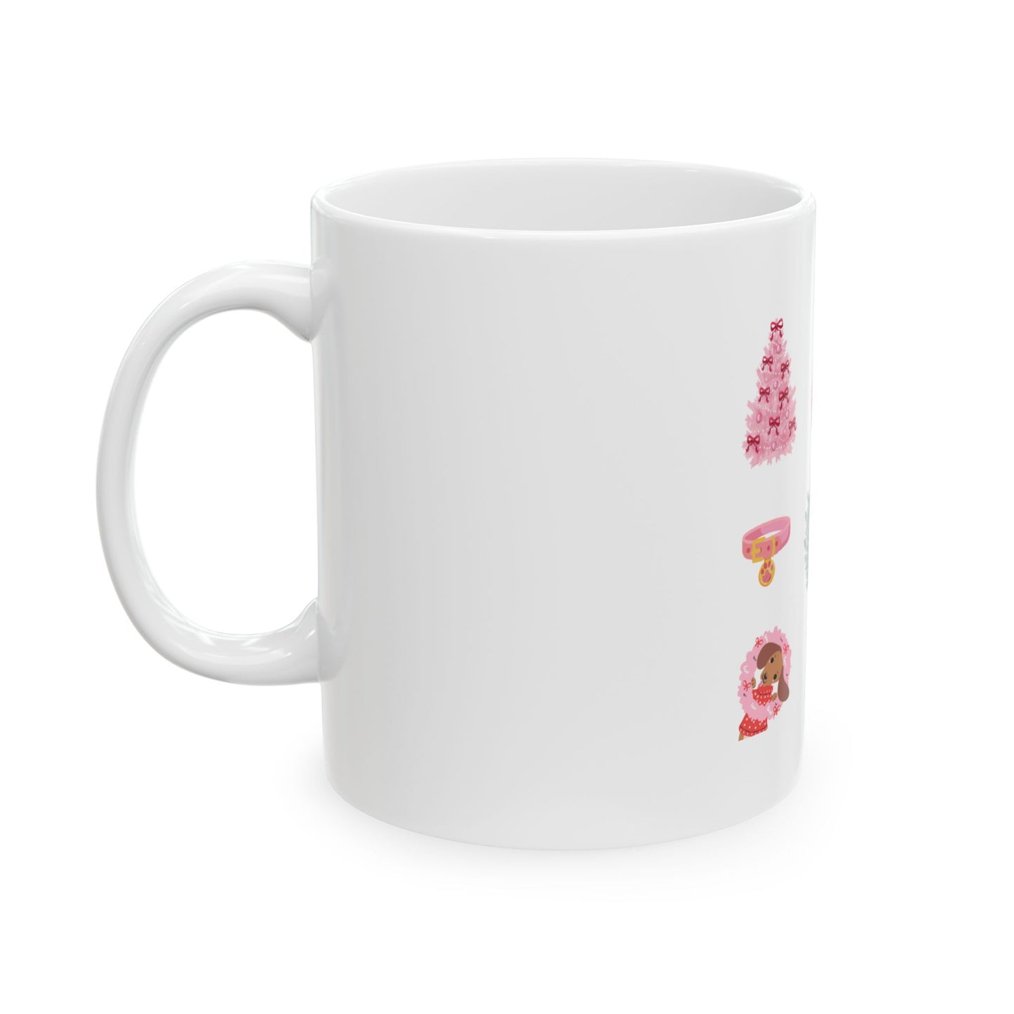 Pink Christmas Icons Ceramic Mug — Festive Holiday Ornament, Wreath & Tree Coffee Cup (11oz/15oz)