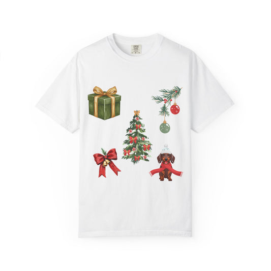 Christmas Icons T-Shirt — Holiday Tree, Gifts & Dachshund Dog Design